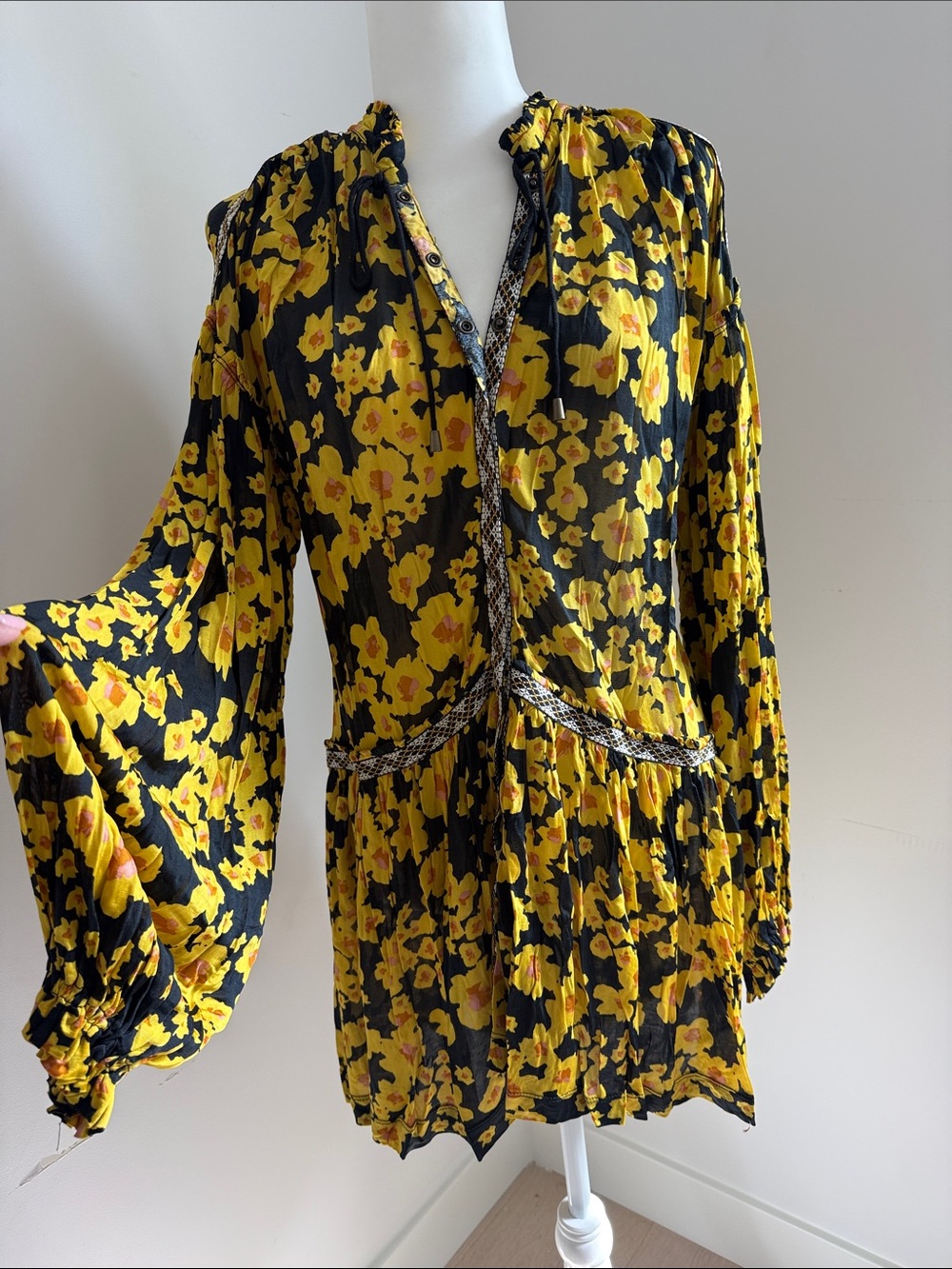 Free People Black and Yellow Floral Asymmetrical Mini Dress